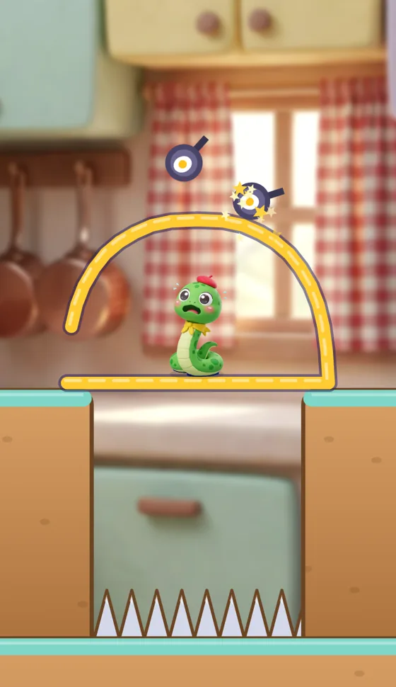 Catching Noodle above spikes while pans fall